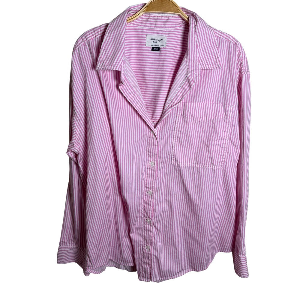 American Eagle Tan White Pinstripe Cotton Button Down Shirt Oversized Medium‎